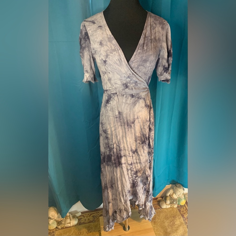 Coco Carmen Women's Sz S/M Dress Wrap Gray Blue Abstract Ruffles Tie Dye V Neck